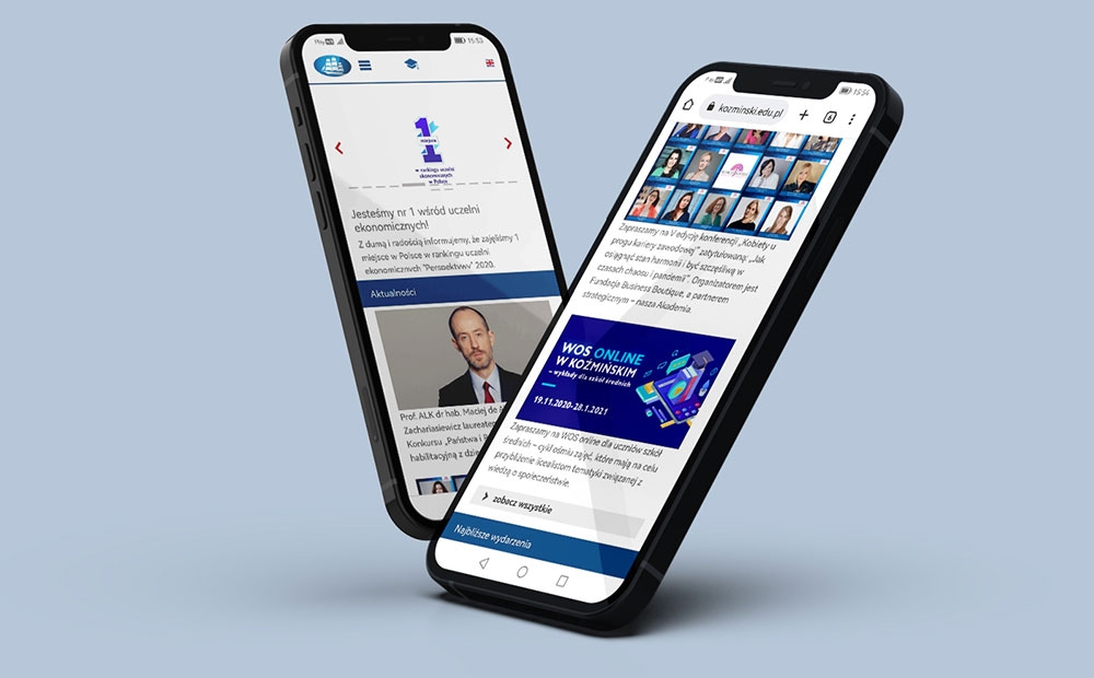 Kozminski University website mockups on mobile devices