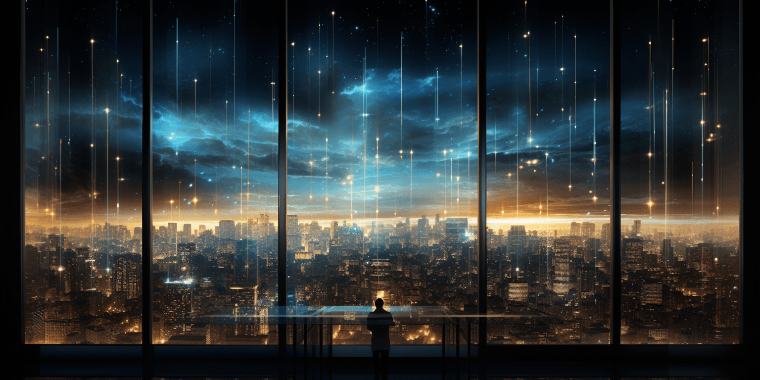 Digital city behind the window data flowing from sky Digital city behind the window data flowing from sky