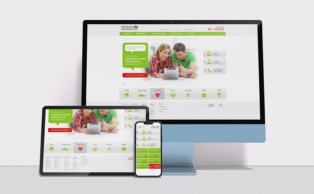 [Translate to Polish:] Compensa website mockups on screens of different devices